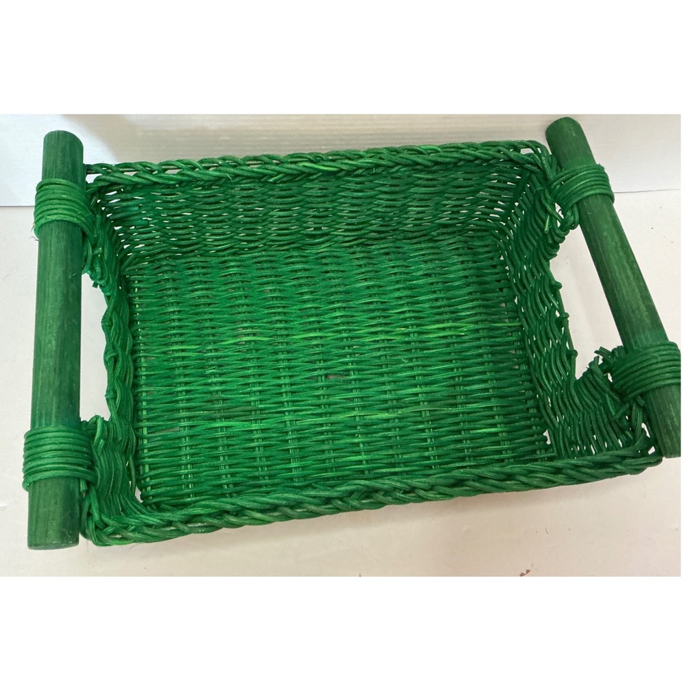 Green Wicker Basket Rectangular Wood Handles Storage Decor‎ 10x8x4